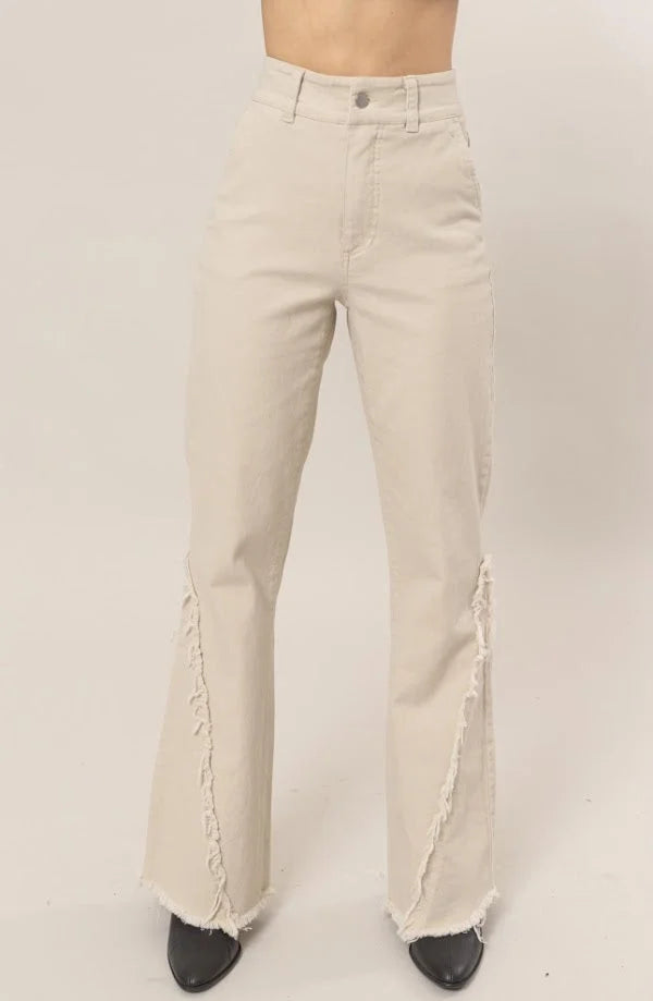 Beige Washed Twill Distressed Flare Pants with Frayed Split Hems and Visible Waistband