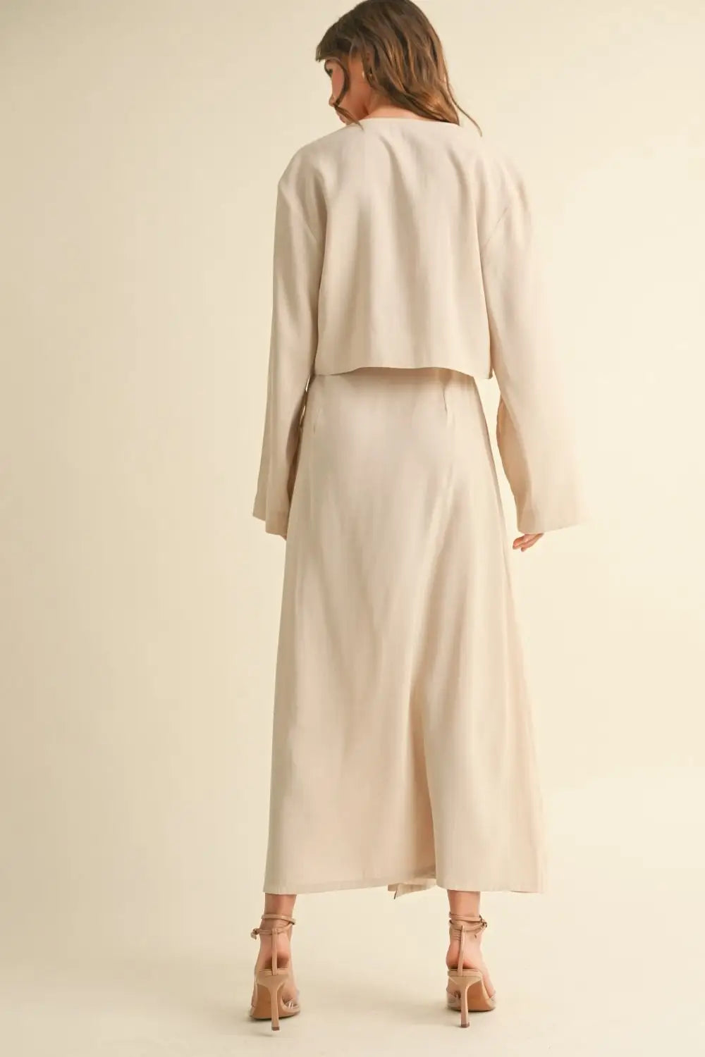 Beige viscose long sleeve tie-front top for women, stylish outfit for women
