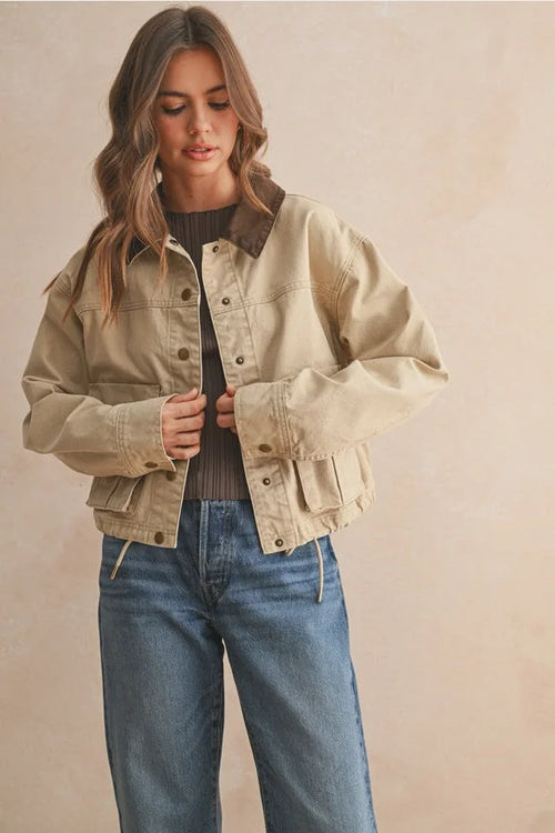 Beige Collar Contrasted Utility Jacket with Brown Accents and Button Closure