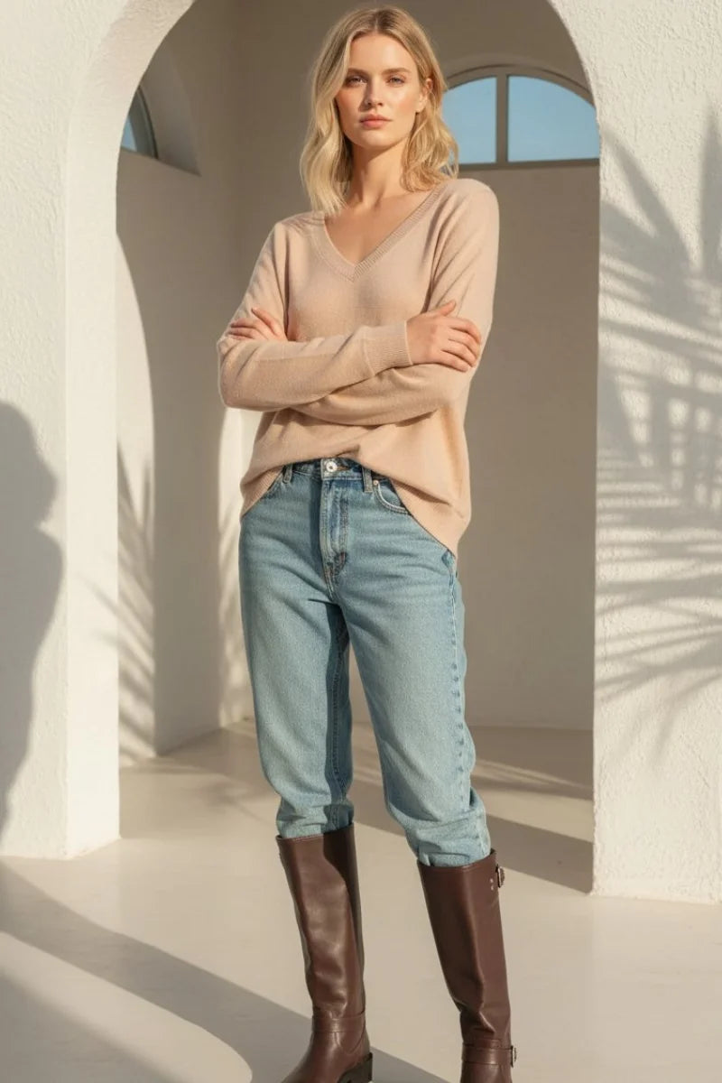 Beige V-Neck Long Sleeve Sweater Top with Knitted Texture