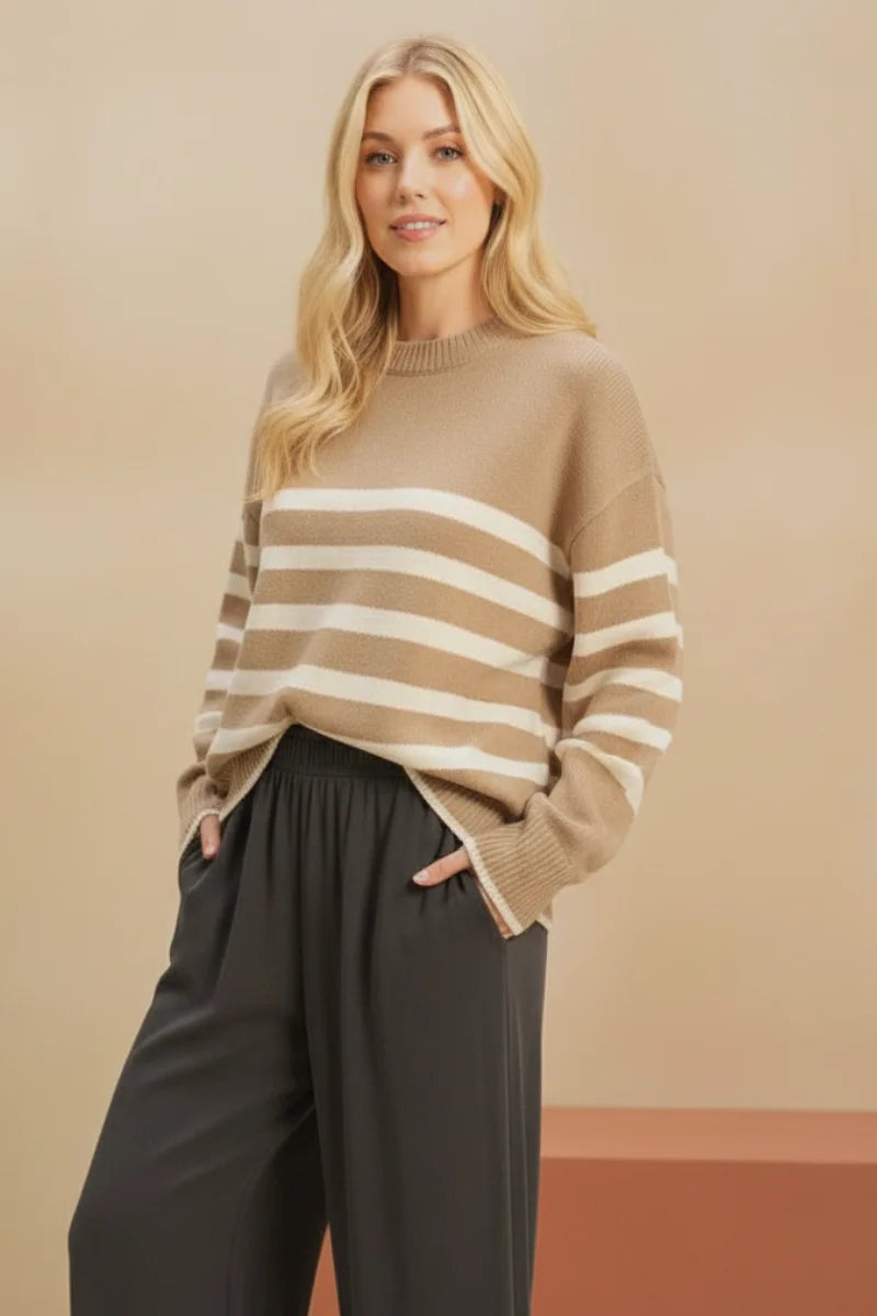Beige and white striped casual crew neck knit sweater