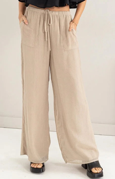 Beige High Rise Linen Blend Wide Leg Pants with Drawstring Waist and Pockets