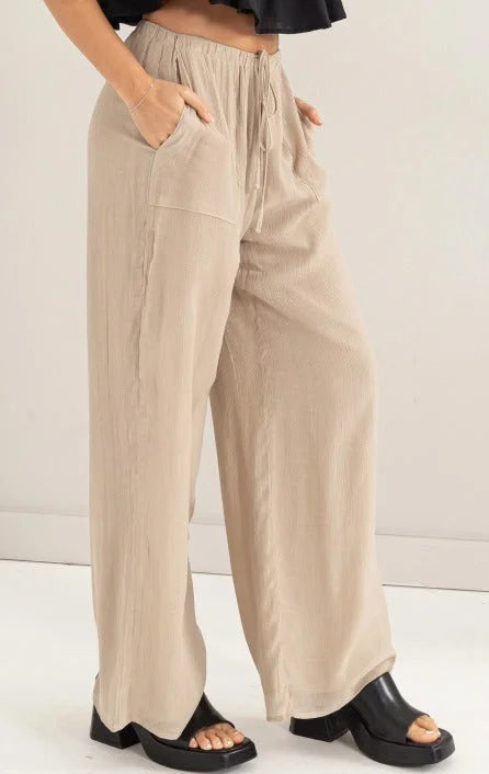 Beige High Rise Linen Blend Wide Leg Pants with pockets and elastic waistband