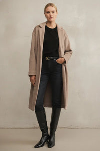 Oversized fit earthy long coat in beige wool with classic collar