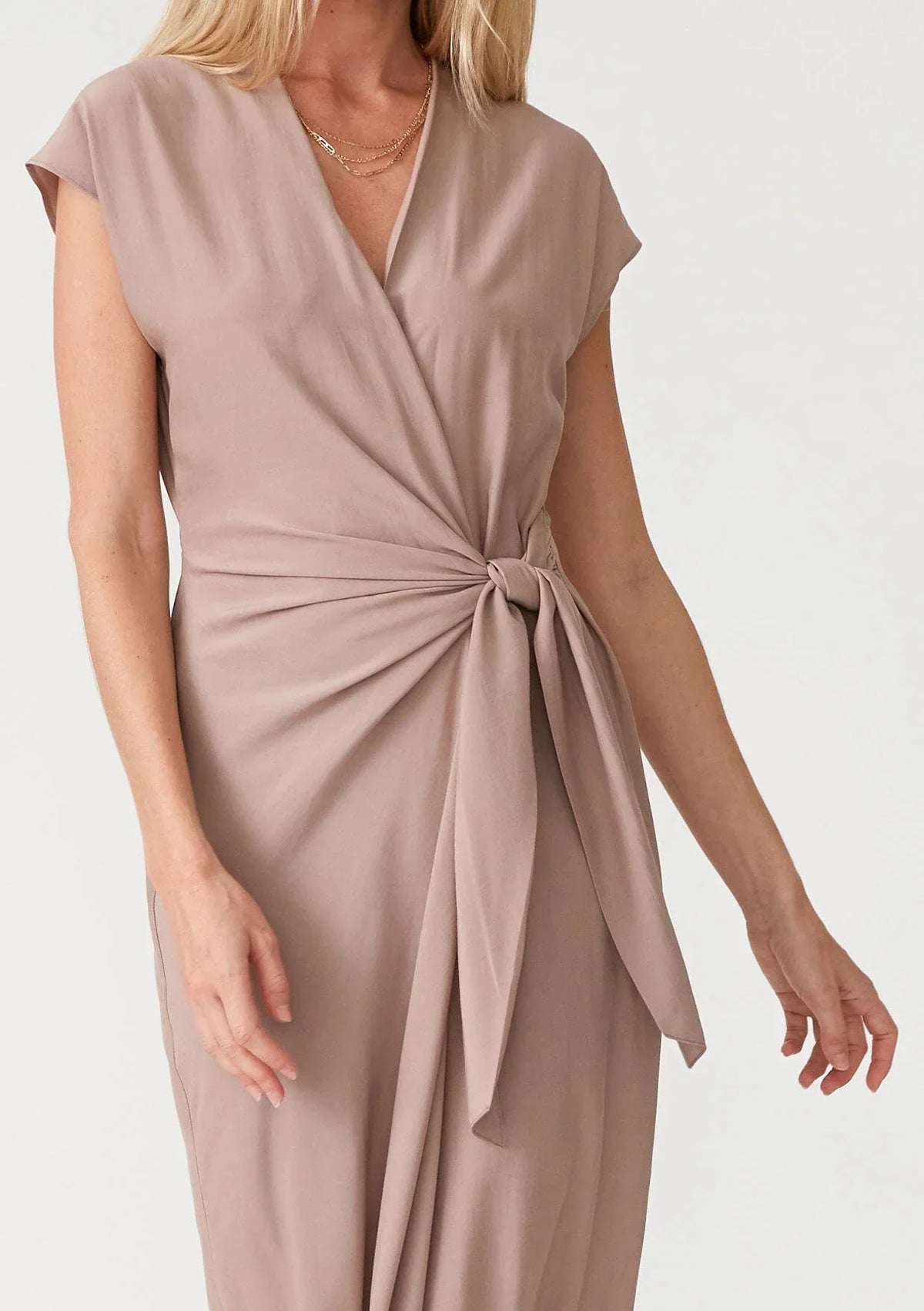 Beige midi wrap dress with side tie and cap sleeves, perfect for any occasion