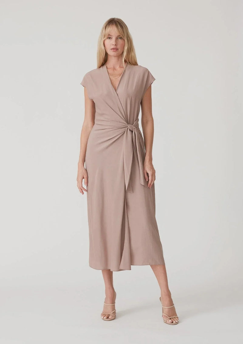 Beige Cap Sleeve Midi Wrap Dress with Short Sleeves and Side Tie Detail