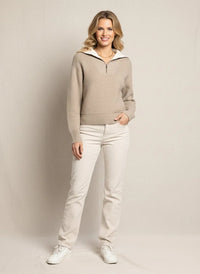 Beige zip-up Celia Pullover by Supply Celia with white collar and cuffs in soft knit