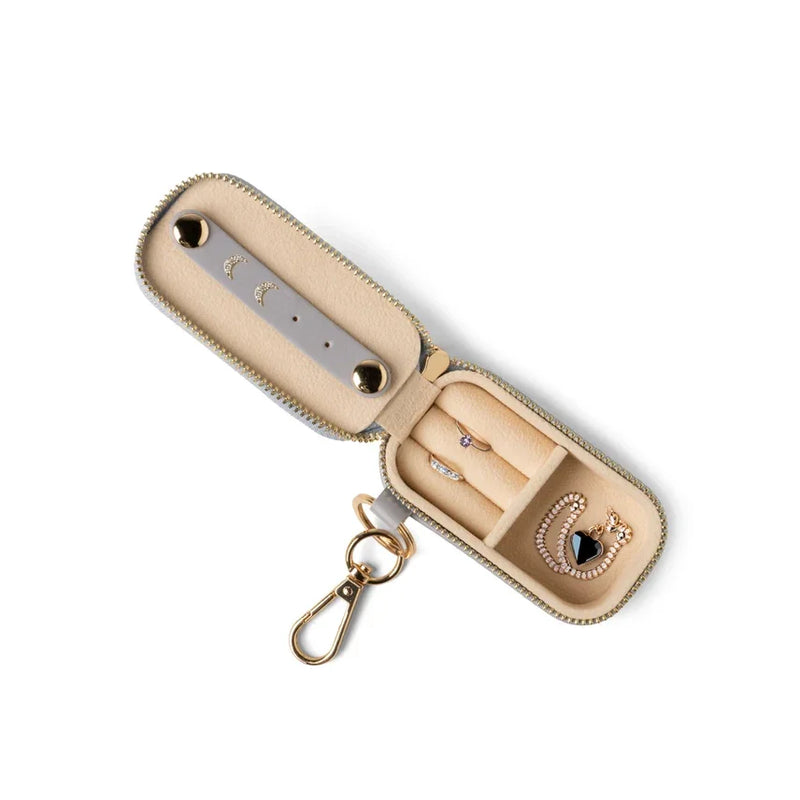 Beige Zippered Jewelry Keychain Case with Ring Compartments