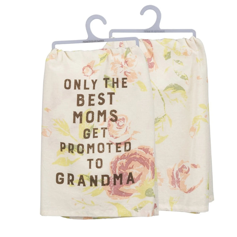 Tea towel featuring the best moms are promoted to grandma design on a floral dish towel