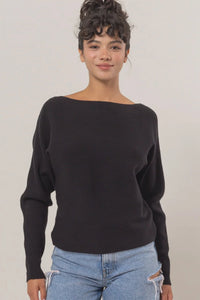 Black boat-neck long sleeve sweater with stylish long sleeves for a chic look