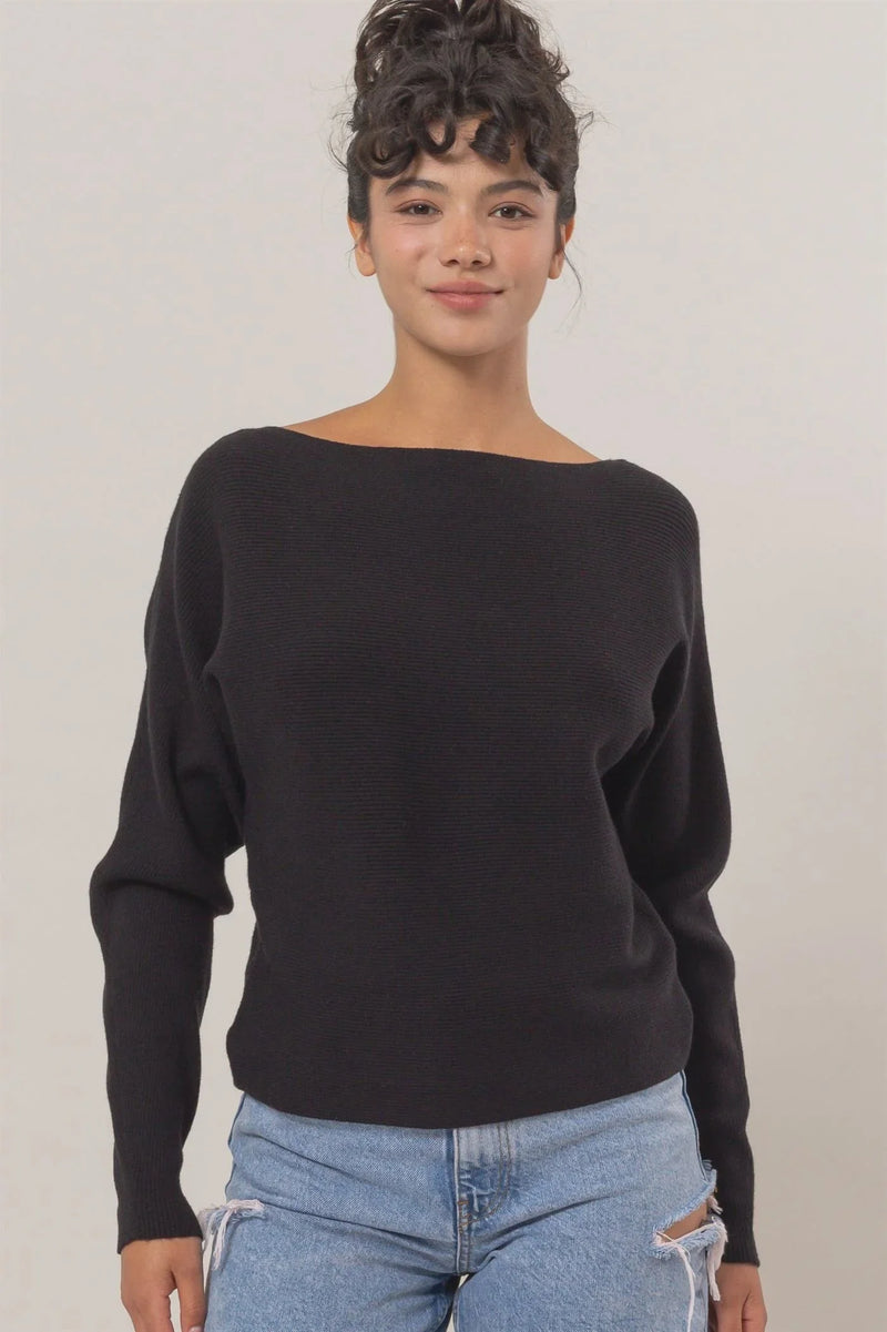 Black boat-neck long sleeve sweater with stylish long sleeves for a chic look