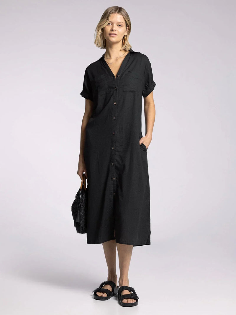 Black button-down midi dress from THREAD AND SUPPLY PARIS dress, perfect for women’s boho chic clothing