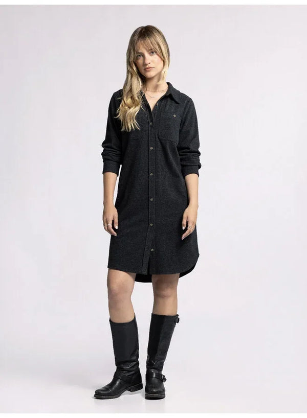 Black Plush Collared Button Down Dress styled with knee-high boots for a chic look