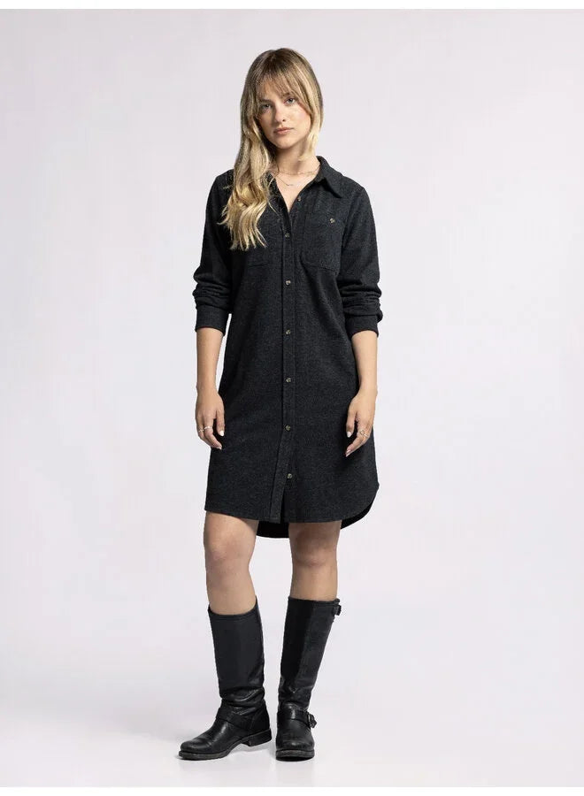 Black Plush Collared Button Down Dress styled with knee-high boots for a chic look