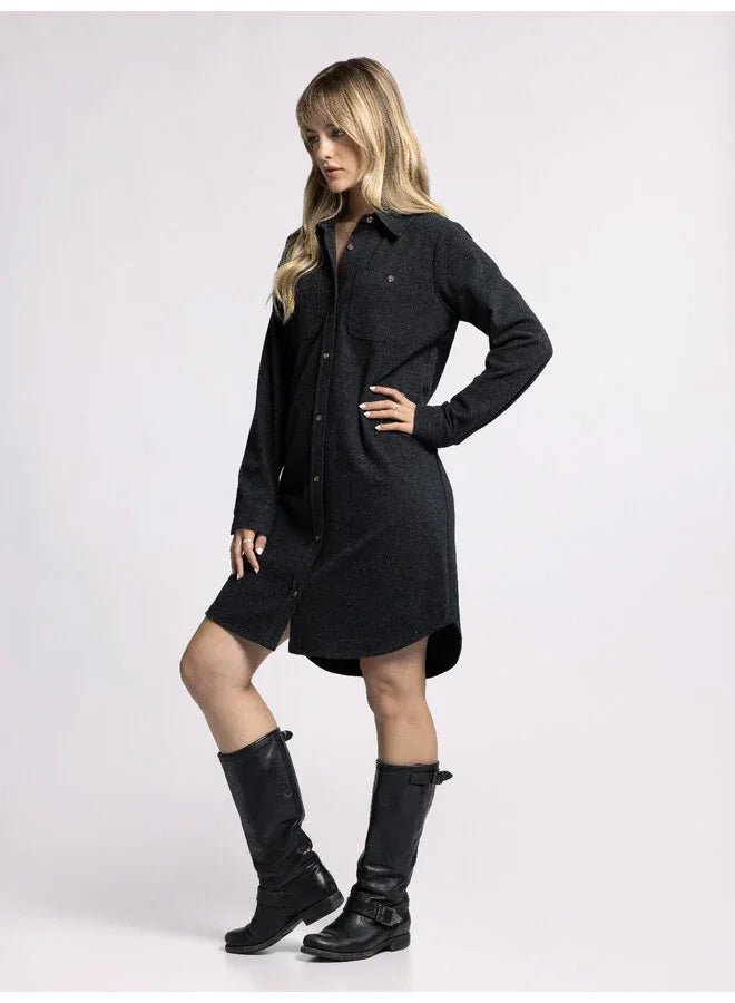 Black Plush Collared Button Down Dress paired with stylish knee-high boots