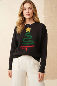 Sparkle Christmas Tree Patch Solid Sweater with Black Design