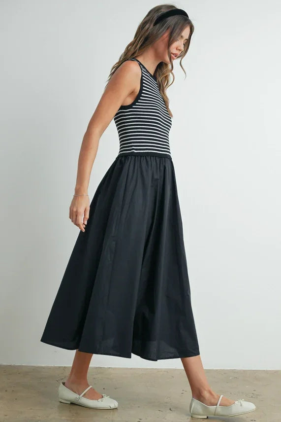 Striped sleeveless maxi dress with black cotton midi skirt