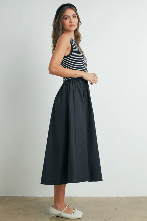 Striped sleeveless maxi dress with black cotton midi skirt