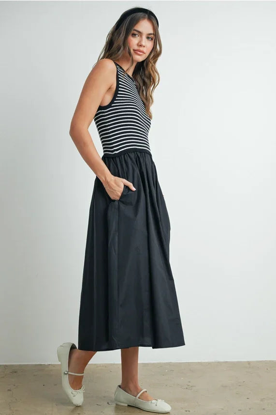 Striped sleeveless maxi dress with black cotton midi skirt