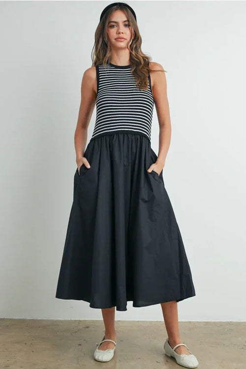 Striped sleeveless maxi dress with black cotton midi skirt and pockets