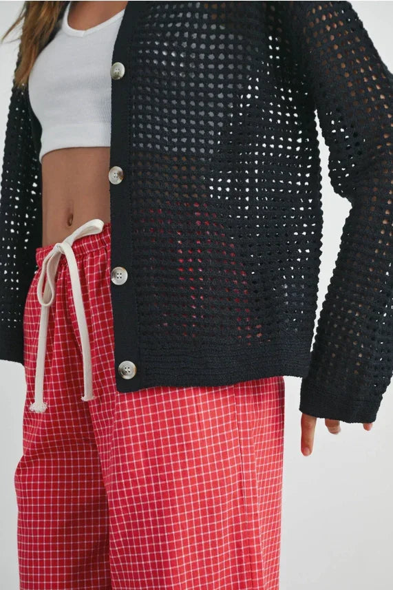 Black open stitch crochet collar cardigan with wide sleeves and V-neck for stylish comfort