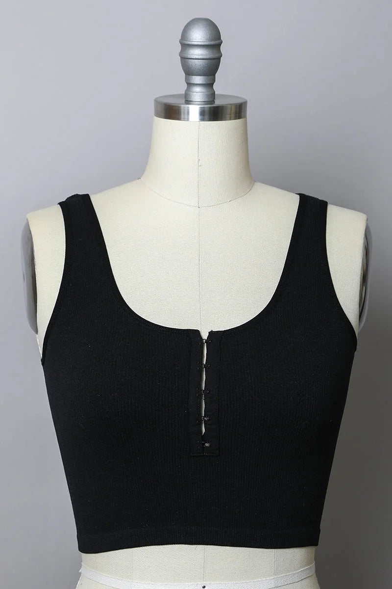 Black crop top with front zipper from the Ribbed Hook Eye Brami collection