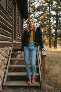 Black long sleeve accent stitch detail cropped cardigan with white buttons