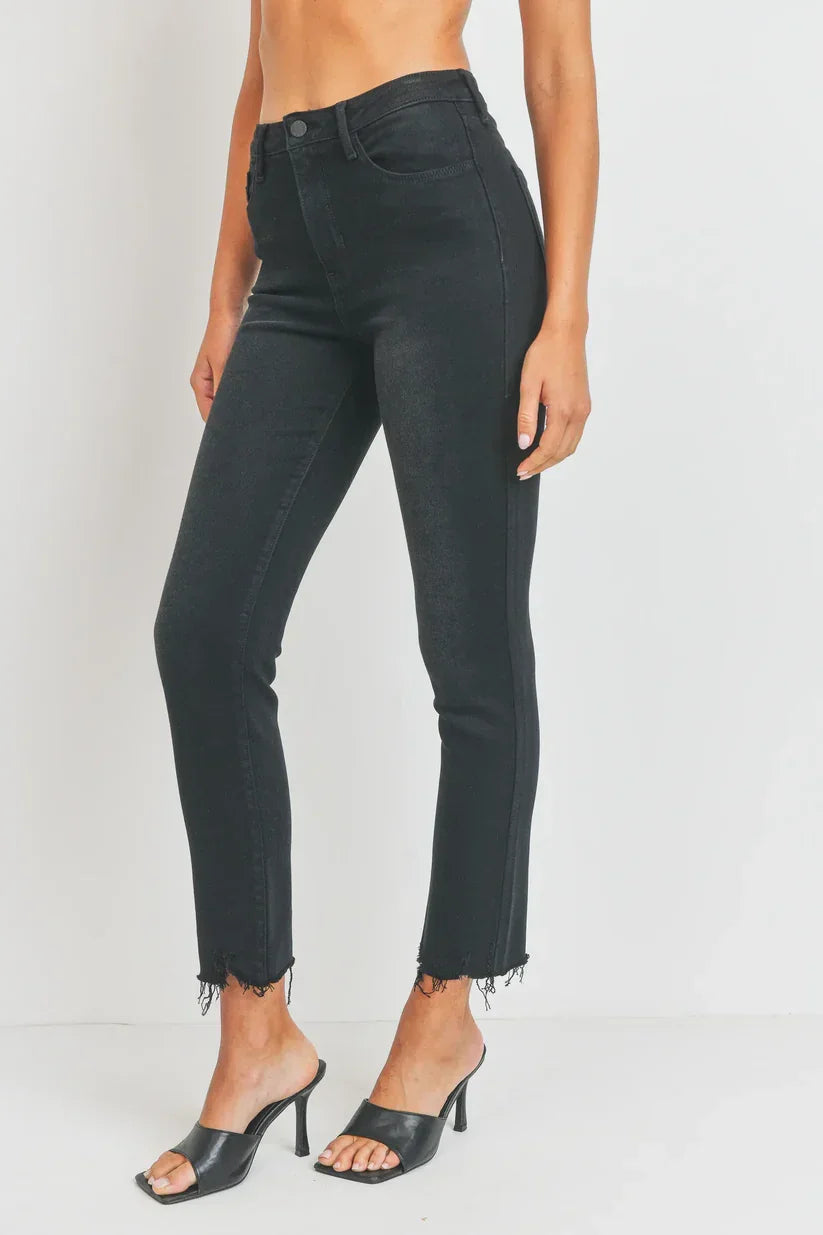 Black High Rise Slim Straight Denim Jeans with frayed ankle hems for a trendy look