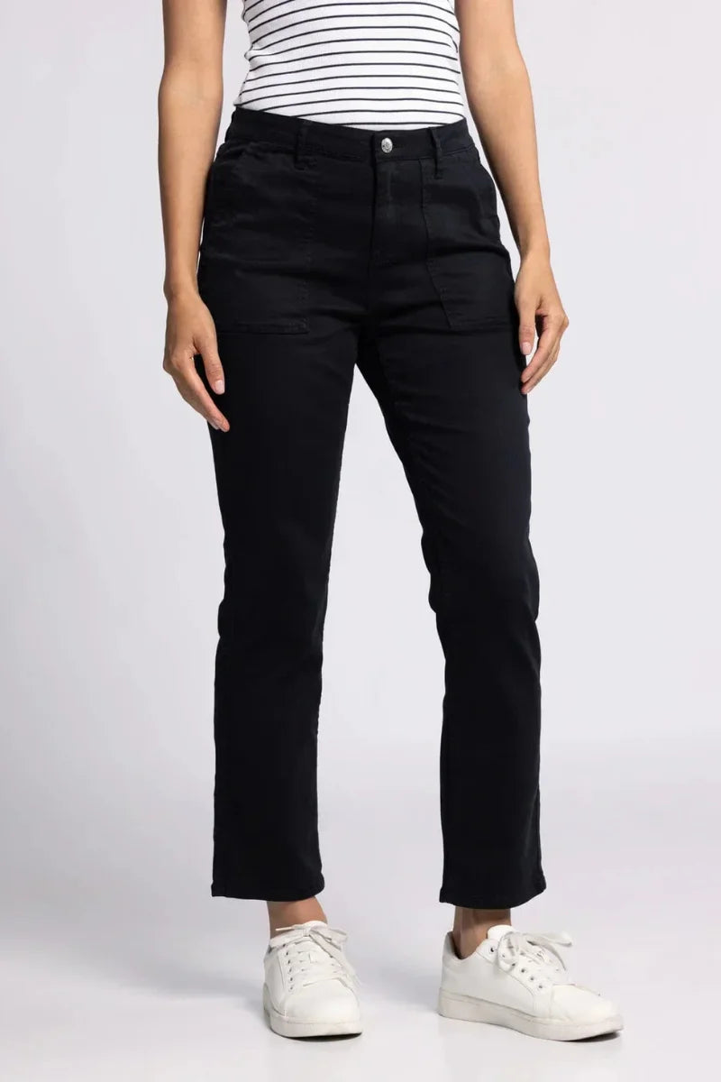 Thread and Supply Alanis Pant: black cropped jeans with white stripe shirt and sneakers