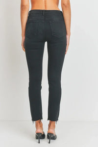 Black cropped skinny jeans with frayed ankle hems in high rise slim straight style