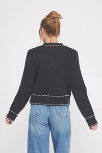 Black long sleeve accent stitch detail cropped cardigan with white trim