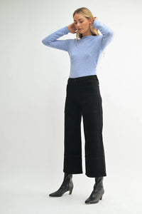 High rise cropped wide leg denim jeans in black textured fabric