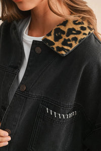 Black denim jacket with leopard collar and white stitching detail for LEOPARD COLLAR BLACK DENIM