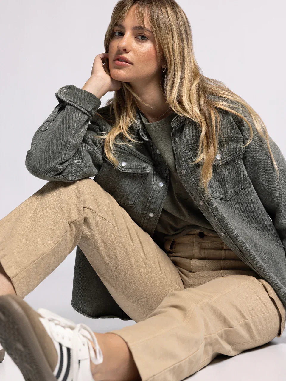 Black Thread and Supply Pippin Jacket in distressed denim with button closure