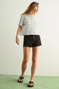 Black denim shorts with frayed hem and five-pocket design