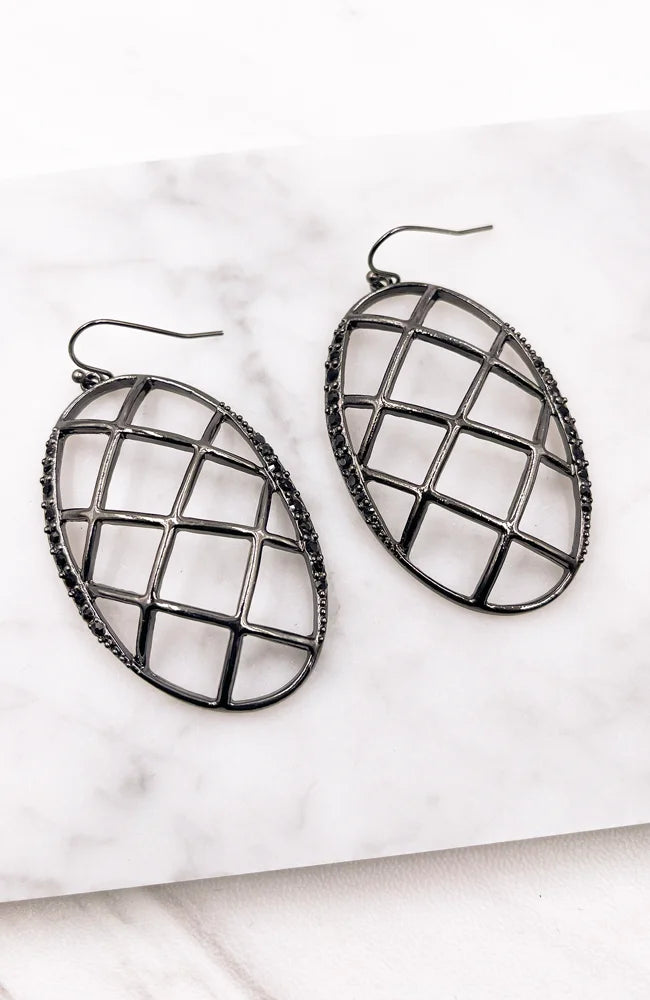 Black Cage Gem Encrusted Earrings featuring elegant black diamond hoop design