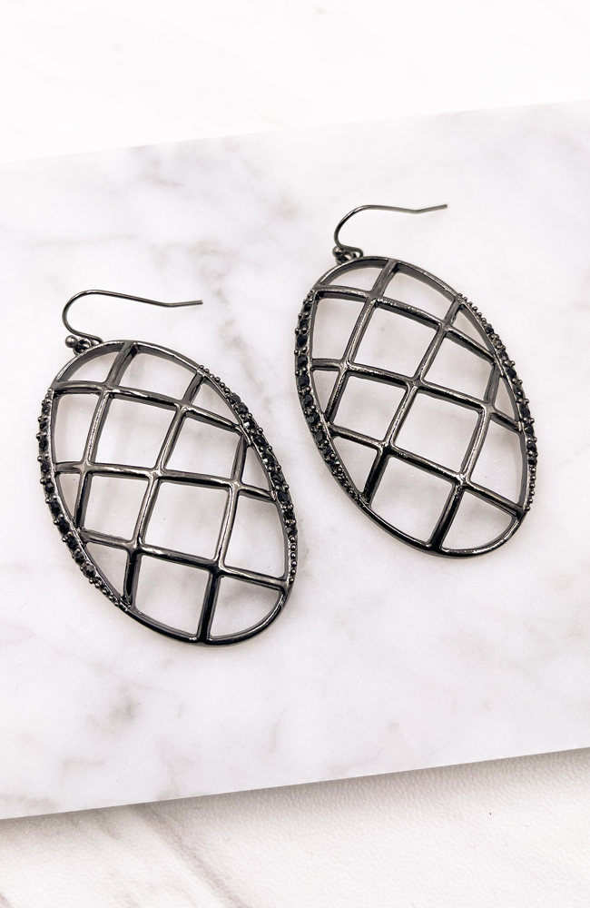 Black Cage Gem Encrusted Earrings - Earrings