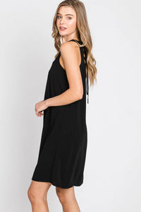 Black solid spaghetti strap dress with tie neck, short and sleeveless design