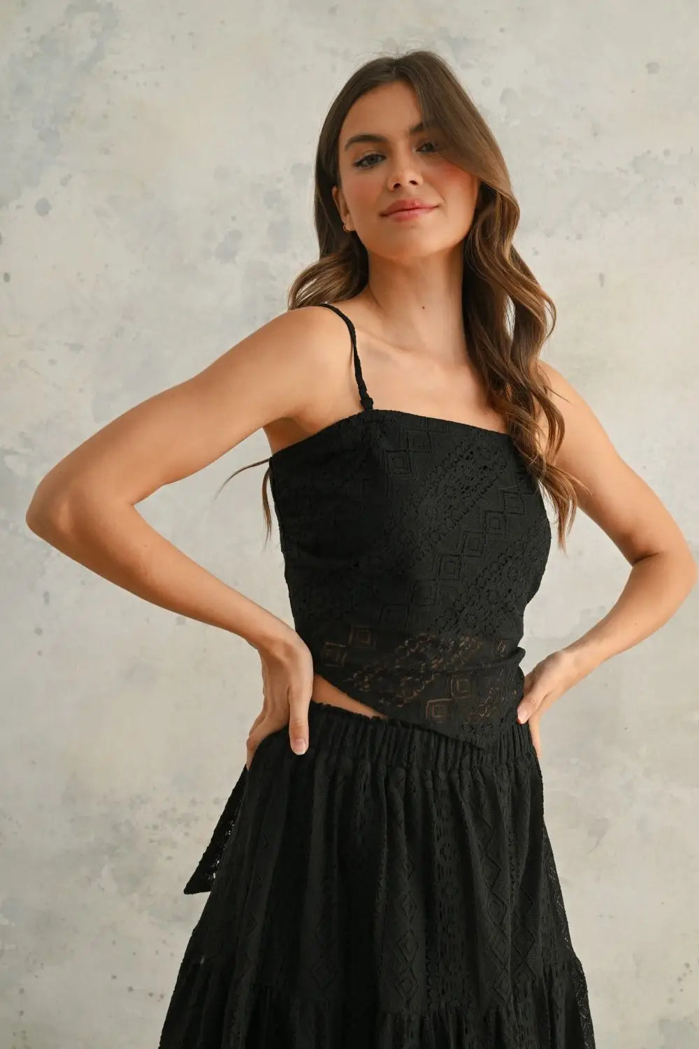 Black eyelet camisole and skirt set made from crochet lace fabric tube handkerchief style