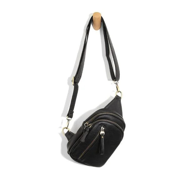 Black SKYLER SLING BAG with adjustable strap and multiple zippered compartments