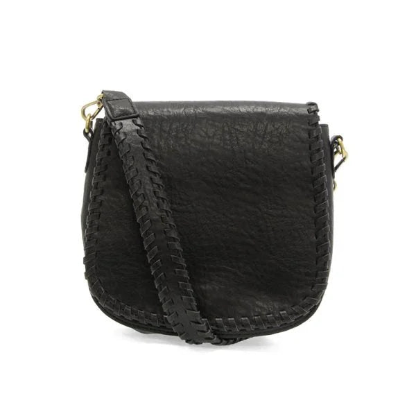 Black faux leather Annie Whipstitch Saddle Crossbody Bag with braided trim and strap