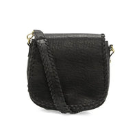 Black faux leather Annie Whipstitch Saddle Crossbody Bag with braided trim and strap