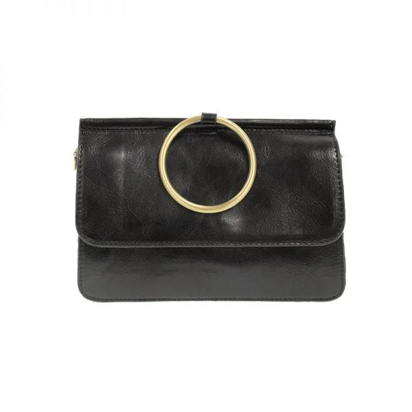 Black faux leather ARIA RING BAG with gold handle and interior zip at its widest point