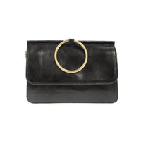 Black faux leather ARIA RING BAG with gold handle and interior zip at its widest point