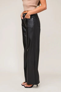 Black high waist faux leather long pants in stylish wide-leg design