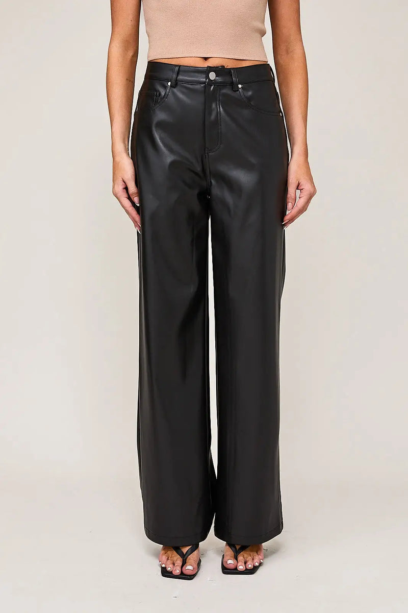 Black faux leather long pants with high waist design for stylish comfort