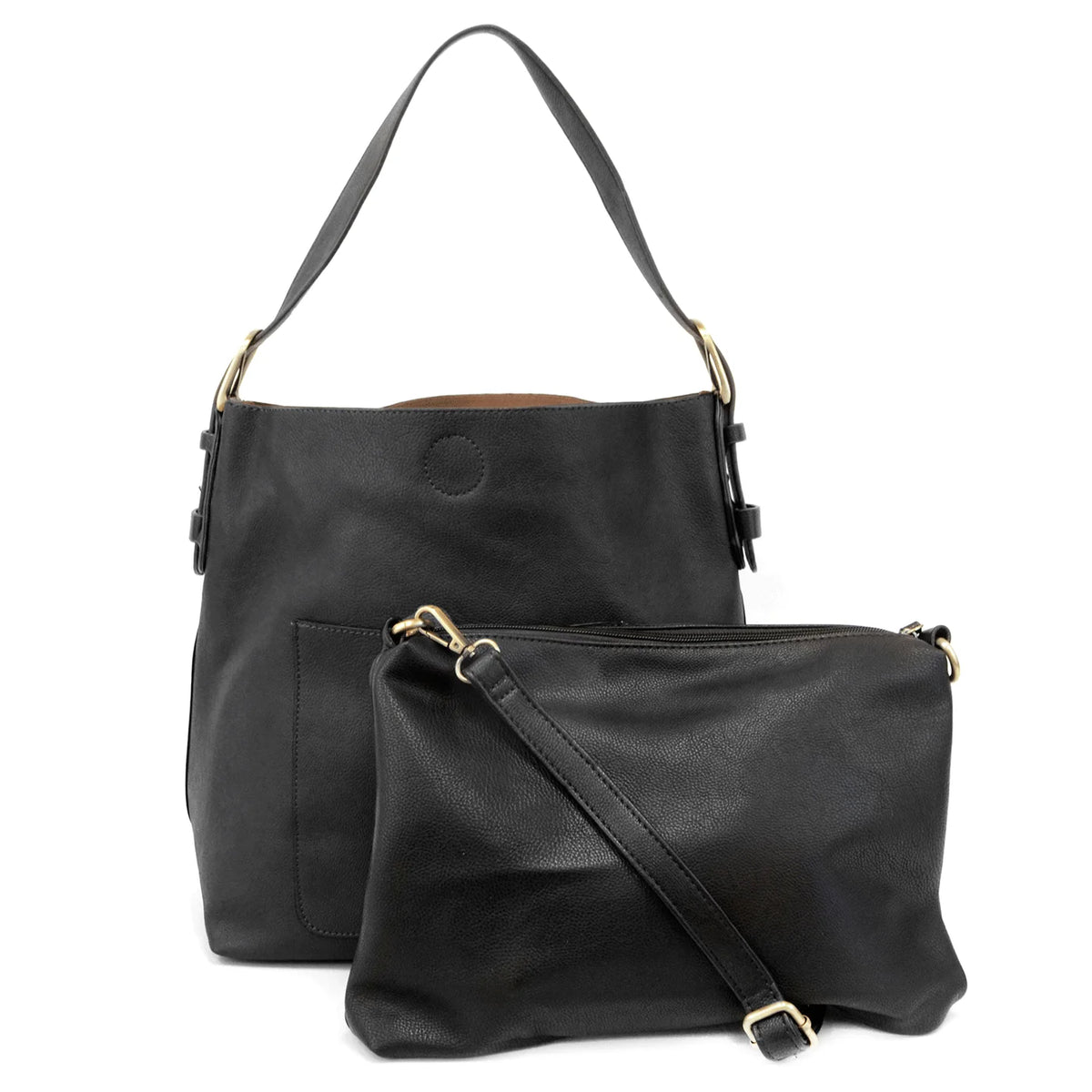 Black vegan leather classic hobo shoulder bag with matching clutch for stylish main bag look
