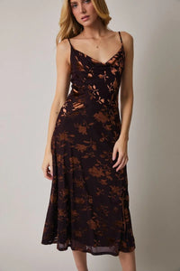 Sleeveless cowl neck midi flare dress in black floral