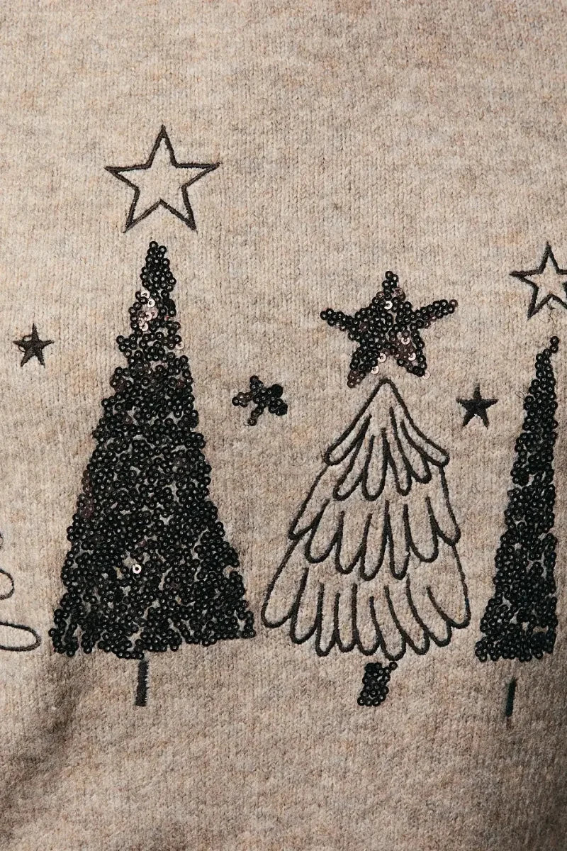 Sequin Christmas trees sweater with black glittery design on gray fabric