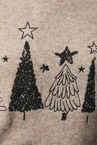 Sequin Christmas trees sweater with black glittery design on gray fabric